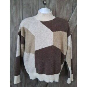 Michelle Nicole Mock Turtleneck Sweater Sz L Faux Fur Wool Color Block Cabin